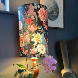 Peacock Floral Velvet Cylinder Lampshade, in Black, Extra Tall Lampshade Peacock Velvet - thumbnail 2