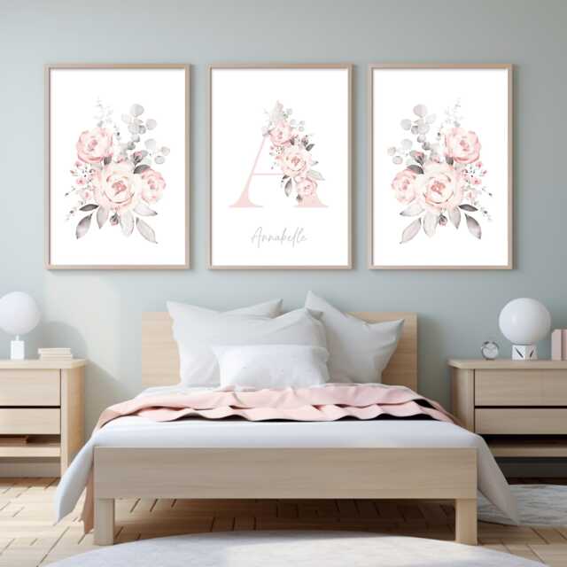 Pretty Pastel Floral Prints For Girls Nursery Or Bedroom, Set Of 3 With Name - image 1