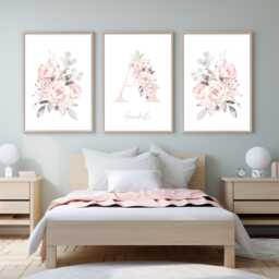 Pretty Pastel Floral Prints For Girls Nursery Or Bedroom, Set Of 3 With Name - thumbnail 1