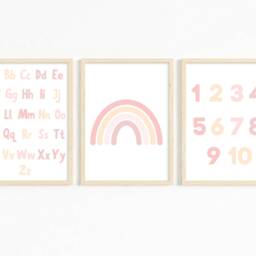 Alphabet & Numbers, Pink Abc, Educational Wall Art, Girls Prints, Set Of 3, Letters Numbers Nursery, Warm Rainbow Print - thumbnail 2