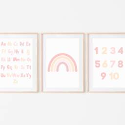 Alphabet & Numbers, Pink Abc, Educational Wall Art, Girls Prints, Set Of 3, Letters Numbers Nursery, Warm Rainbow Print - thumbnail 3