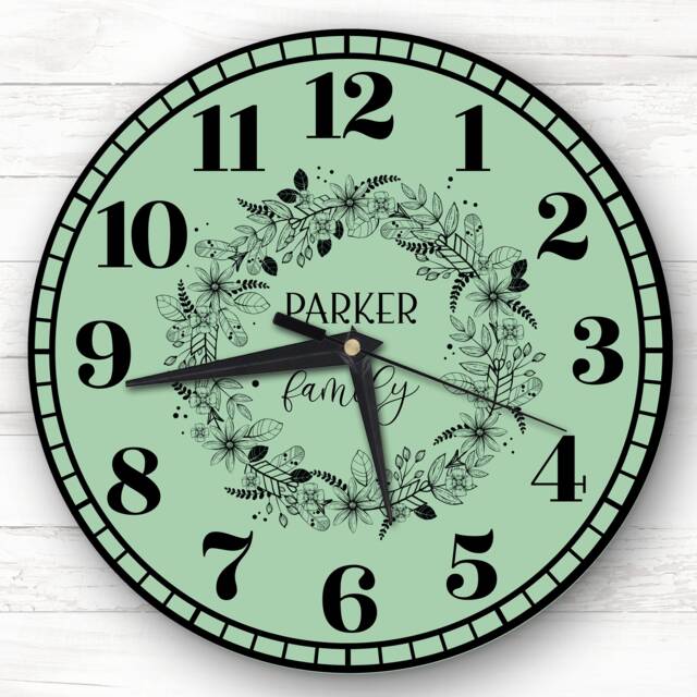 Sage Green Black Floral Wreath Family Name Personalised Gift Clock - image 1