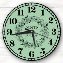 Sage Green Black Floral Wreath Family Name Personalised Gift Clock - thumbnail 1
