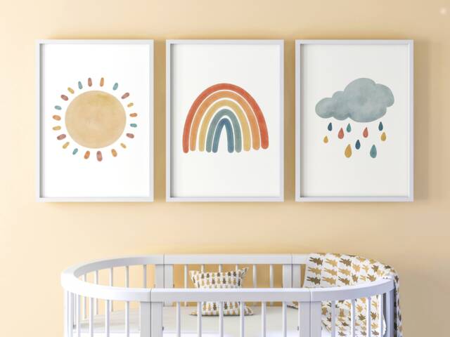 Watercolour Sun Rainbow Cloud Unframed Set Of 3 Baby Girl Boy Nursery Poster Print, Kids Bedroom Wall Art Decor, Boho Gender Neutral - image 1