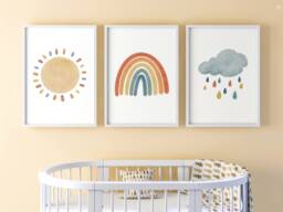 Watercolour Sun Rainbow Cloud Unframed Set Of 3 Baby Girl Boy Nursery Poster Print, Kids Bedroom Wall Art Decor, Boho Gender Neutral - thumbnail 1