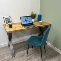 Handmade Solid Wood Desk With Industrial Steel X Legs - Rustic Home Office Custom Made - thumbnail 3