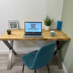 Handmade Solid Wood Desk With Industrial Steel X Legs - Rustic Home Office Custom Made - thumbnail 2