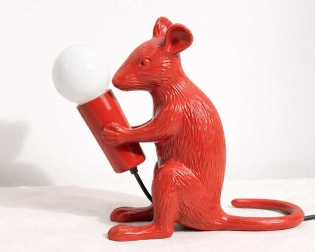 Table Lamp - Modern Red Mouse Holding Exposed Globe Bulb - Artistic Decorative Animal Accent Lighting For Contemporary Interiors - image 1