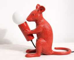 Table Lamp - Modern Red Mouse Holding Exposed Globe Bulb - Artistic Decorative Animal Accent Lighting For Contemporary Interiors