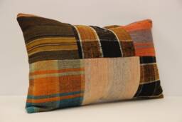 Vintage Turkish Kilim Lumbar Pillow, Patchwork Wool Cushion Cover - 12x20 In