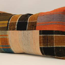 Vintage Turkish Kilim Lumbar Pillow, Patchwork Wool Cushion Cover - 12x20 In - thumbnail 3