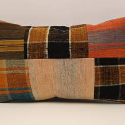 Vintage Turkish Kilim Lumbar Pillow, Patchwork Wool Cushion Cover - 12x20 In - thumbnail 2