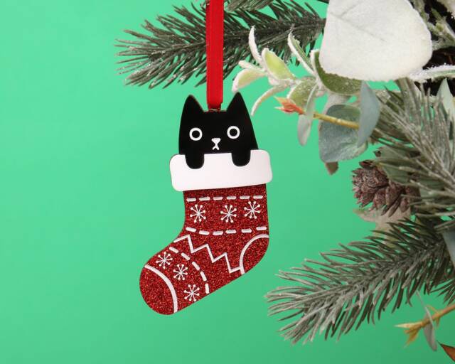 Acrylic Cat Christmas Ornament Quirky Black in Glitter Stocking - image 1