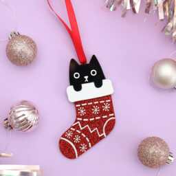Acrylic Cat Christmas Ornament Quirky Black in Glitter Stocking - thumbnail 2