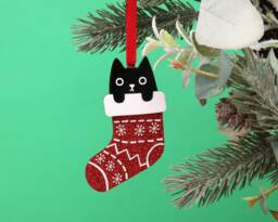 Acrylic Cat Christmas Ornament Quirky Black in Glitter Stocking - thumbnail 1