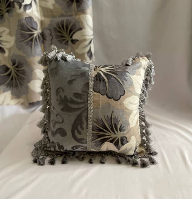 Designers Guild Pillow Cover Bohemian Taupe Linen, Cut Velvet, Tassel Trim - image 1
