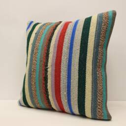 Vintage Turkish Kilim Pillow Cover, Striped Wool Throw - 18x18 In - thumbnail 3
