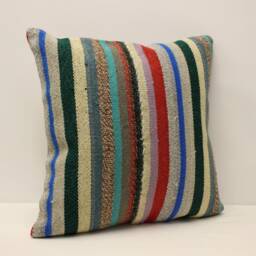 Vintage Turkish Kilim Pillow Cover, Striped Wool Throw - 18x18 In - thumbnail 2