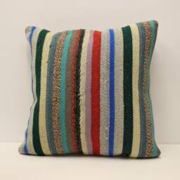 Vintage Turkish Kilim Pillow Cover, Striped Wool Throw - 18x18 In - thumbnail 1