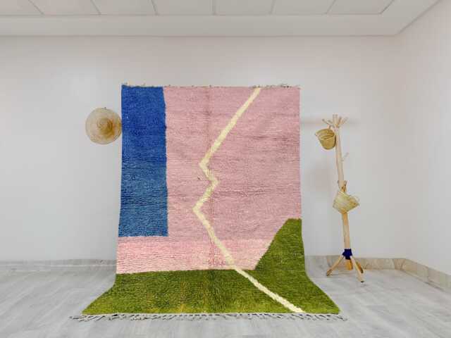 Abstract Moroccan Wool Rug - Large Handwoven Area Carpet Pink, Blue & Green Color Block Design Modern Plush Statement - image 1
