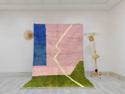 Abstract Moroccan Wool Rug - Large Handwoven Area Carpet Pink, Blue & Green Color Block Design Modern Plush Statement - thumbnail 1