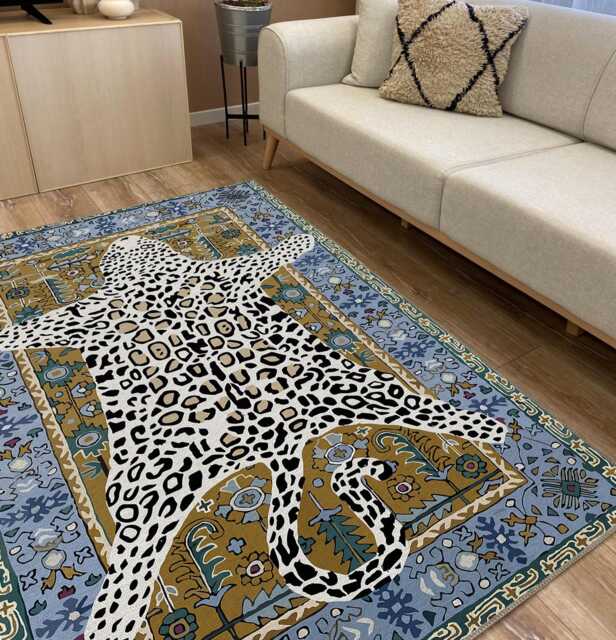 Leopard Print Chenille Rug Blue Mustard Oriental Border, Washable - image 1