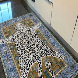 Leopard Print Chenille Rug Blue Mustard Oriental Border, Washable - thumbnail 3
