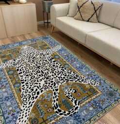 Leopard Print Chenille Rug Blue Mustard Oriental Border, Washable
