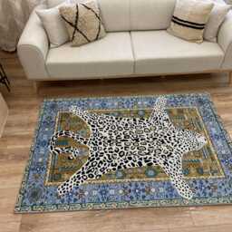 Leopard Print Chenille Rug Blue Mustard Oriental Border, Washable - thumbnail 4
