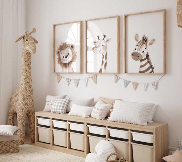 Safari Nursery Wall Prints, Decor, Boho Set Of 3 Beige Art, Neutral Art - image 1