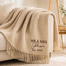 Personalized Embroidered Knitted Throw Blanket, Custom Couple Name Wedding Shower Gift, Newlywed & Anniversary Cozy Blanket - thumbnail 2