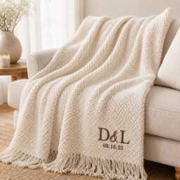 Personalized Embroidered Knitted Throw Blanket, Custom Couple Name Wedding Shower Gift, Newlywed & Anniversary Cozy Blanket - thumbnail 4