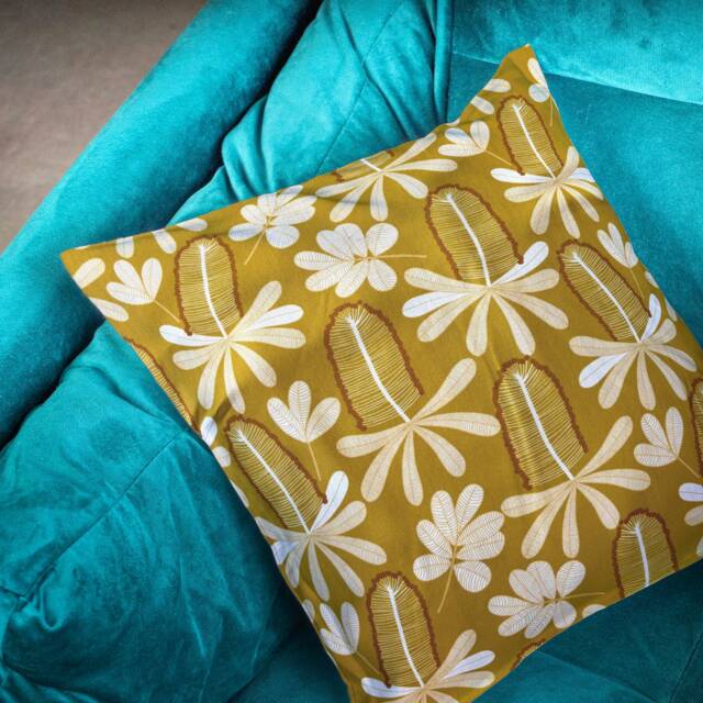 Golden/Mustard Floral Cushion Cover - Australian Flora Linen Throw Pillow 18 - image 1