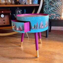 Mint & Pink Plum Round Bedside Table , Christmas Design With Glitter Top. Ideal For Nightstand Or Side Table. Stag, Candy Canes - thumbnail 2
