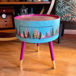 Mint & Pink Plum Round Bedside Table , Christmas Design With Glitter Top. Ideal For Nightstand Or Side Table. Stag, Candy Canes