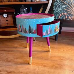 Mint & Pink Plum Round Bedside Table , Christmas Design With Glitter Top. Ideal For Nightstand Or Side Table. Stag, Candy Canes - thumbnail 3