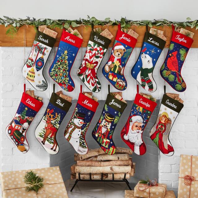 Personalized Needlepoint Stocking - Family Stockings Old-Fashioned Christmas D??cor Embroidered Name 12 Designs Available - image 1
