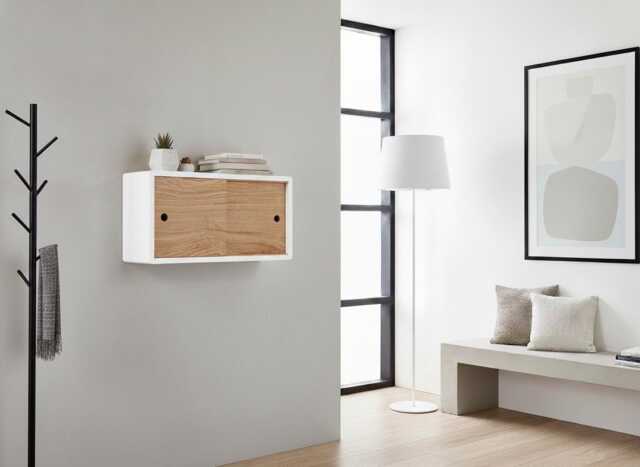 Minimalist Floating Shelf, Solid Hardwood Sliding Door Cabinet, Premium Lacquer High End Finish Wall Mount Storage Organizer - image 1