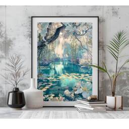Enchanted Spring Forest Pond Flowering Willow Flowers, Calm Teal Decor, Powder Room Wall Art, Large Poster Gift, Bedroom Decor