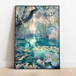 Enchanted Spring Forest Pond Flowering Willow Flowers, Calm Teal Decor, Powder Room Wall Art, Large Poster Gift, Bedroom Decor - thumbnail 2
