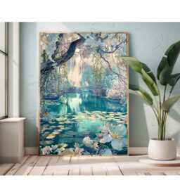 Enchanted Spring Forest Pond Flowering Willow Flowers, Calm Teal Decor, Powder Room Wall Art, Large Poster Gift, Bedroom Decor - thumbnail 3