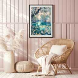 Enchanted Spring Forest Pond Flowering Willow Flowers, Calm Teal Decor, Powder Room Wall Art, Large Poster Gift, Bedroom Decor - thumbnail 4