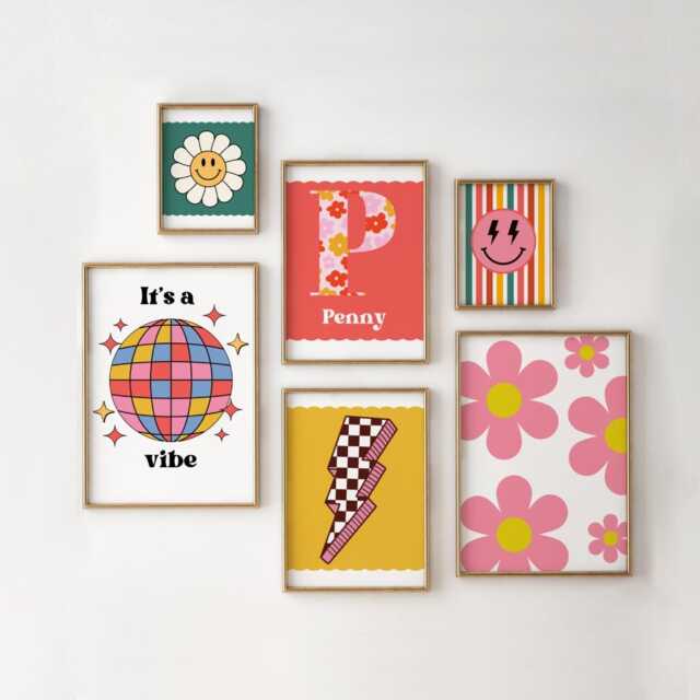 Set Of Prints For Girls Room , Bright Personalised Retro Gallery Wall Decor, Good Vibes Art - Unframed - image 1