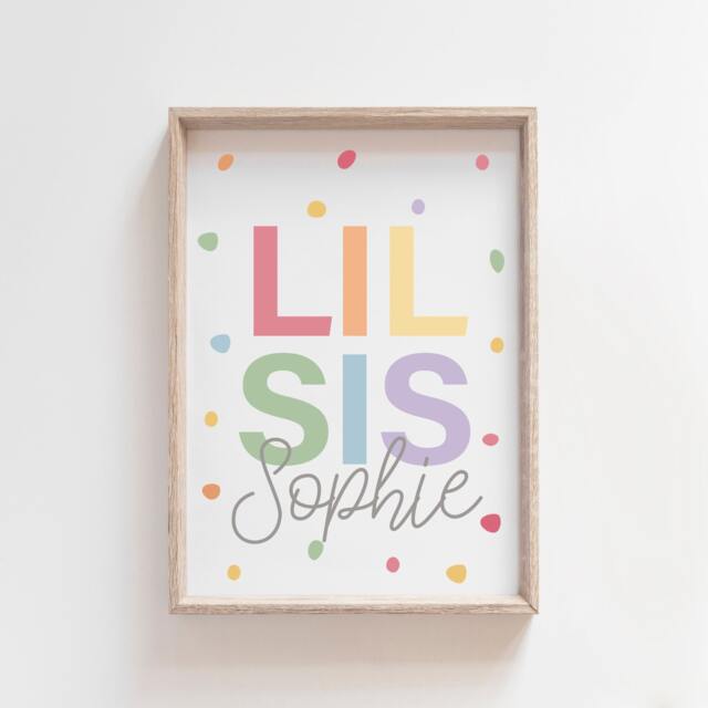 Lil Sister Print, Girls Nursery Prints, Sisters Bedroom Personalised Name Sibling Bedroom, Rainbow Wall Art - image 1