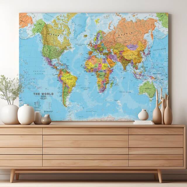 Political World Map Canvas Print - Detailed Cartography Wall Art - image 1