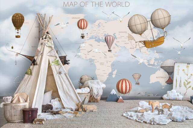 3D World Map Wallpaper, Hot Air Balloon Wall Mural, Peel & Stick - image 1