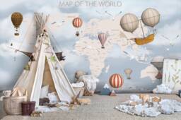 3D World Map Wallpaper, Hot Air Balloon Wall Mural, Peel & Stick - thumbnail 1