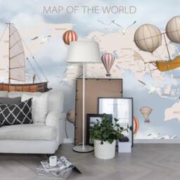 3D World Map Wallpaper, Hot Air Balloon Wall Mural, Peel & Stick - thumbnail 2