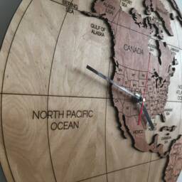 Wooden World Clock - Western Hemisphere - World Map With Countries, Ocean Names, Extra Large Wall Art Clock, Wood Burning Art, Usa, Canada - thumbnail 3
