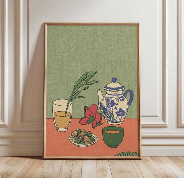 Tea Still Life Poster, Botanical Kitchen Wall Art, Scandinavian Folk Art Print, Minimalist Ceramic Illustration Decor - image 1